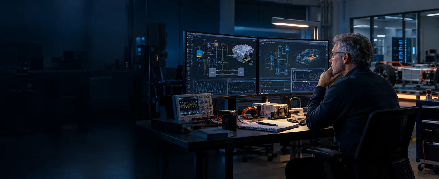 Safety engineer reviewing an electric vehicle system architecture