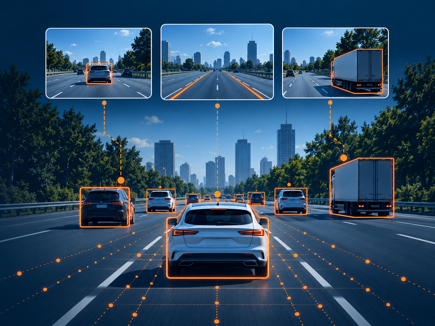 Highway traffic with highlighted vehicles and lane detection illustrating driving-data scenarios.