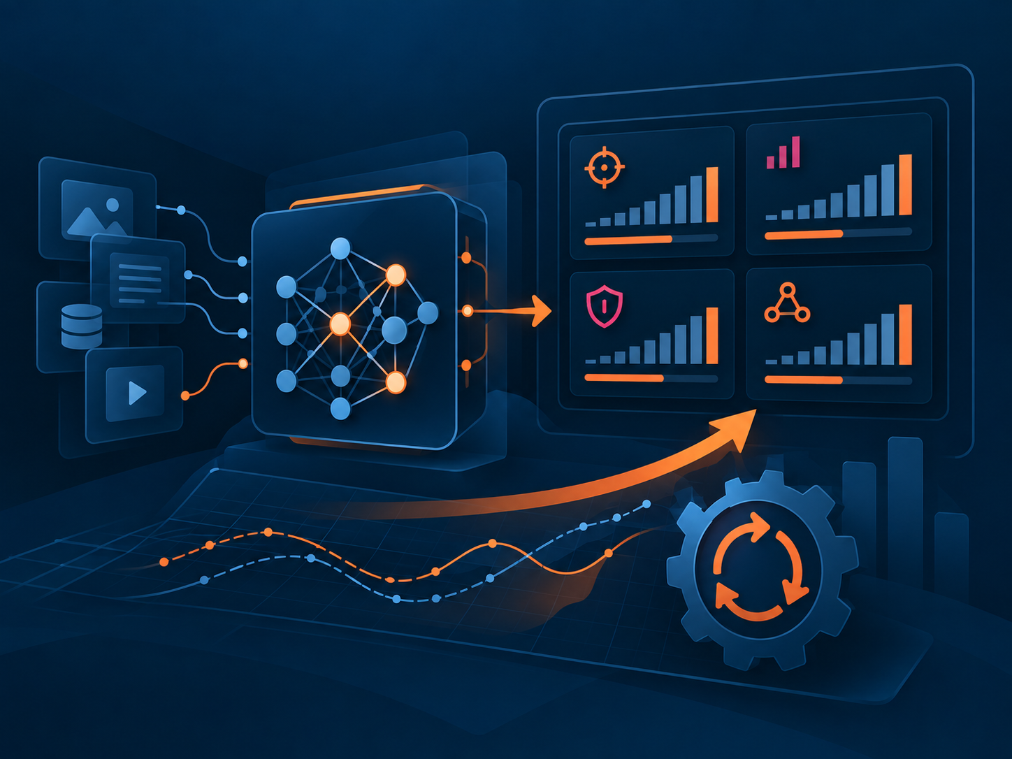 Data feeds into a neural model alongside performance and safety evaluation dashboards.